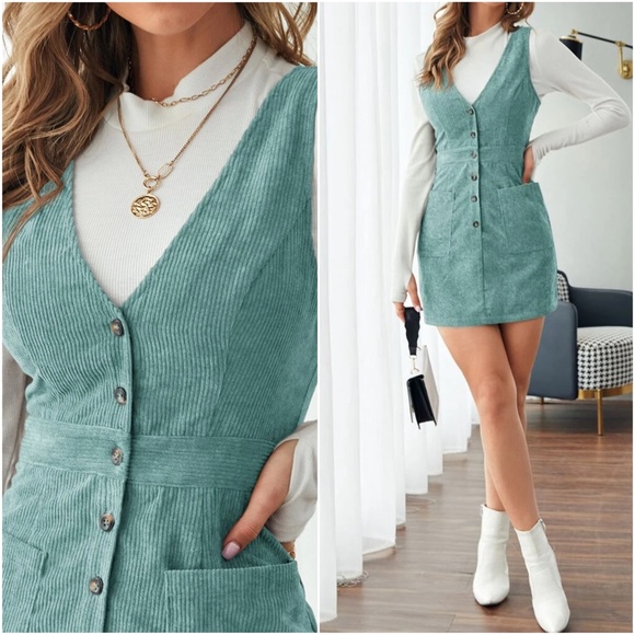 Corduroy Button up Pocket Mini Dress - Picture 3 of 7